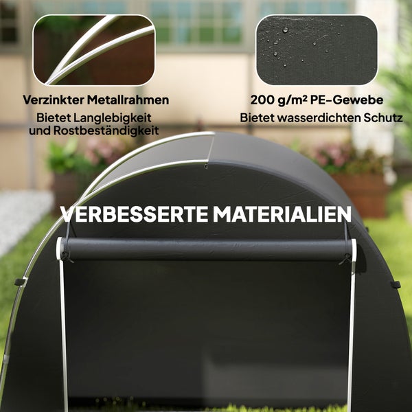 Kleines Lagerzelt für Fahrräder mit verzinktem Metallrahmen und wasserdichtem Polyethylen-Gewebe.