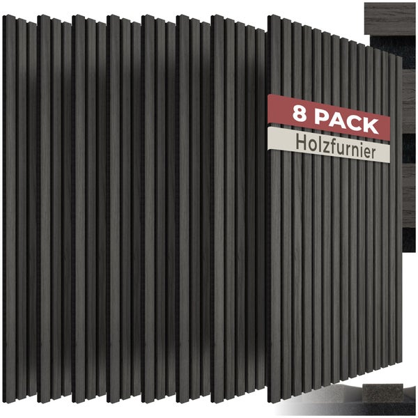8er-Pack Akustikpaneele mit dunklen Holzfurnier-Lamellen zur Wandgestaltung.
