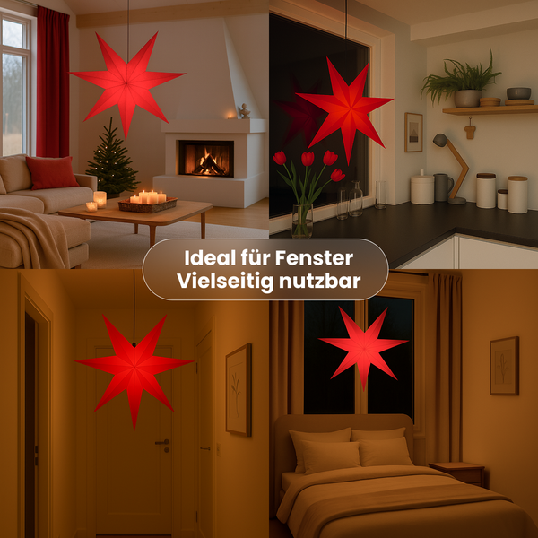 Collage verschiedener Innenräume mit einem roten Papierstern als Dekoration