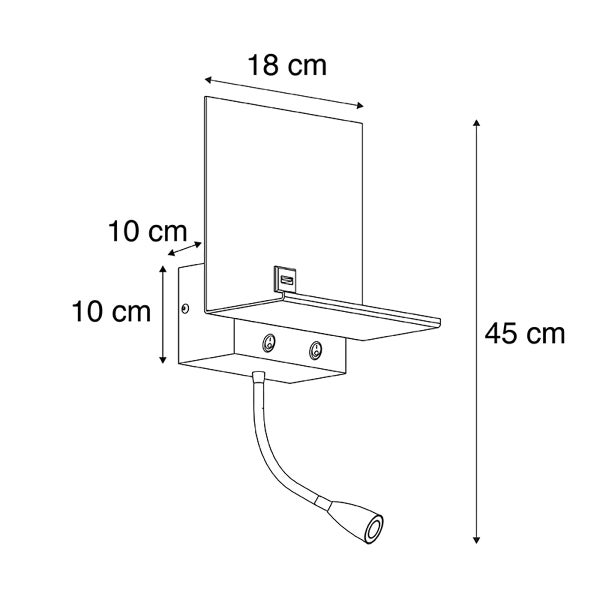 Technische Zeichnung einer Wandleuchte mit Regal und Leselampe, Maße 45 cm Höhe, 18 cm Breite und 10 cm Tiefe.