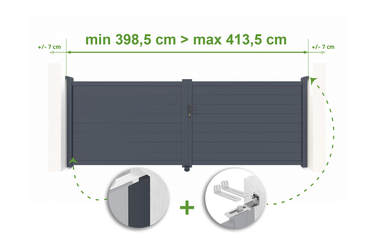 Doppelflügeltor mit Größenangaben und Detailansichten der Montage