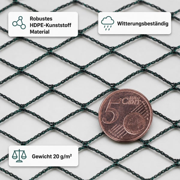 Feinmaschiges Teichnetz aus robustem Polyethylen mit hoher Dichte, witterungsbeständig und einem Gewicht von 20 Gramm pro Quadratmeter.