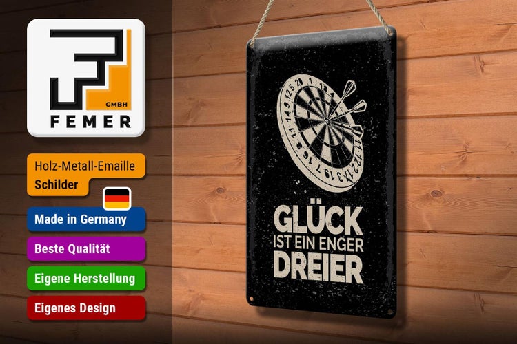 Blechschild Spruch Dart Glück ist ein enger Dreier 20x30cm