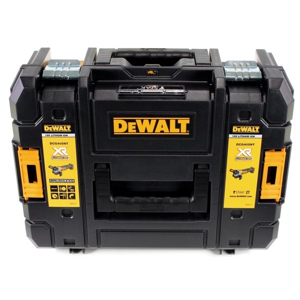 DeWALT TSTAK Werkzeugkoffer aus schwarzem Kunststoff mit robusten Metallschließen und gelben Verschlüssen an den Seiten.