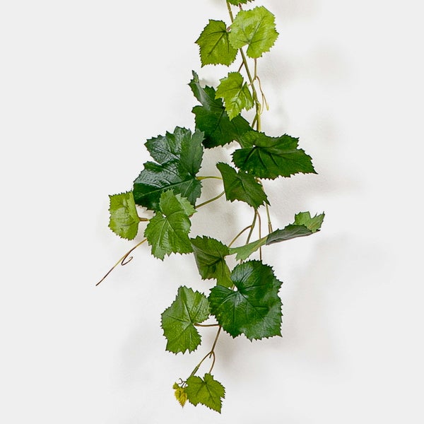 Künstliche Hängepflanze mit herzförmigen, grün-silbern gemusterten Blättern.