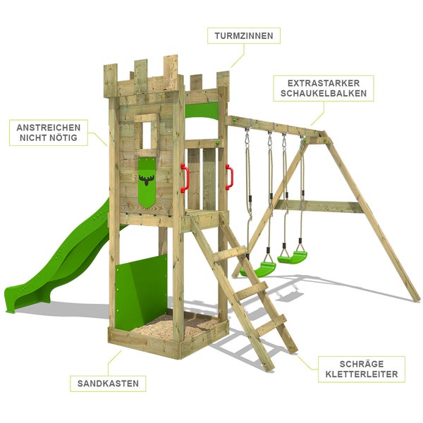 FATMOOSE Spielturm Klettergerüst TreasureTower mit Schaukel und Rutsche, Kletterturm mit Sandkasten, Leiter und Spiel-Zubehör - apfelgrün