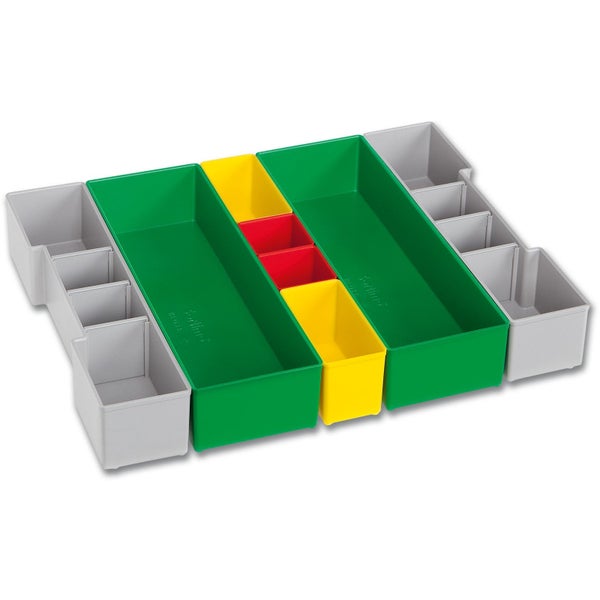 Einsatzboxen-Set aus Kunststoff in verschiedenen Größen und Farben zur Organisation von Kleinteilen.