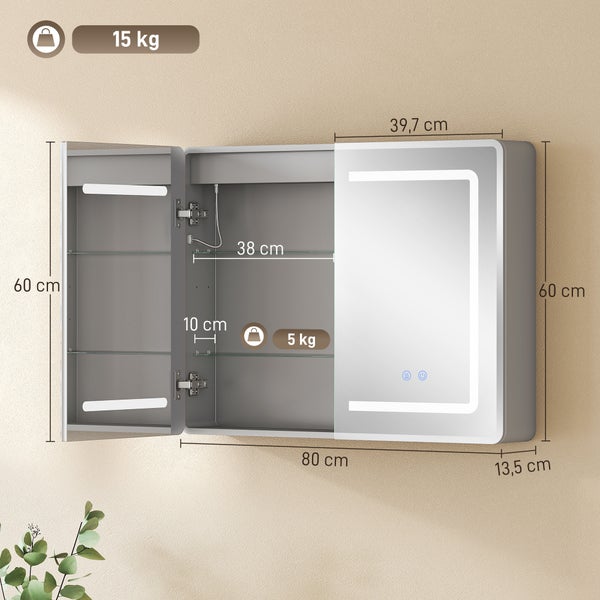 Spiegelschrank mit LED. Maße: 60 Zentimeter hoch, 80 Zentimeter breit, 13,5 Zentimeter tief. Traglast gesamt 15 Kilogramm, Fachboden 5 Kilogramm.