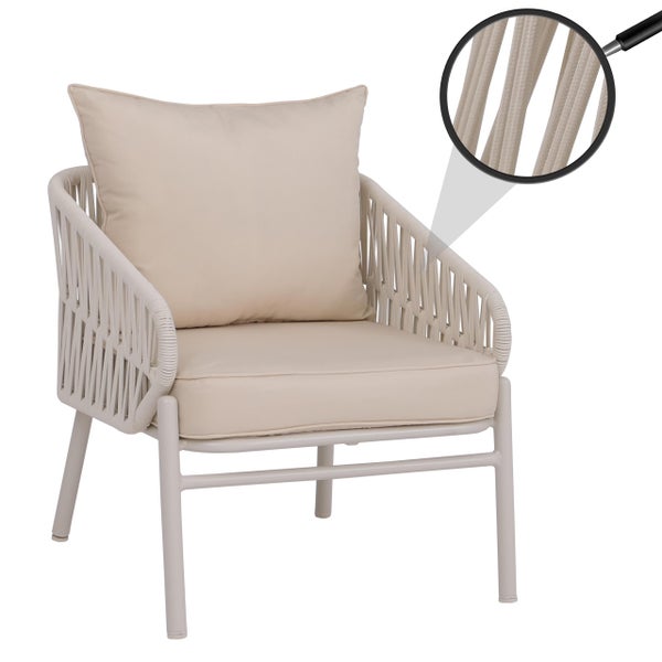 Moderner Garten-Loungesessel mit Metallgestell, Seilbespannung und Kissen, inklusive Detailansicht der Seilstruktur.