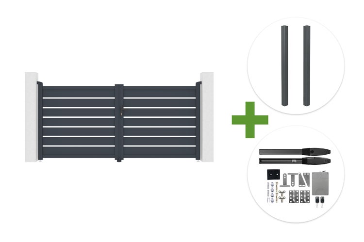 Zweiflügeliges Einfahrtstor aus Aluminium in Anthrazit mit horizontalen Lamellen, inklusive zwei Pfosten und elektrischem Torantrieb-Set.