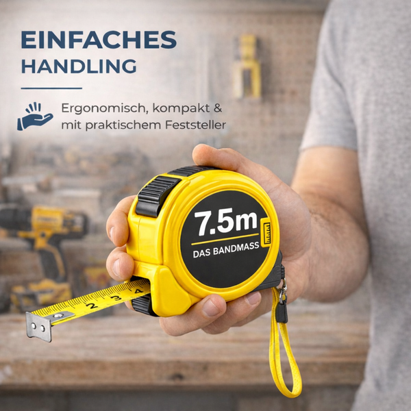 Hand hält ein ergonomisches 7,5 Meter langes Rollbandmaß mit praktischem Feststeller.