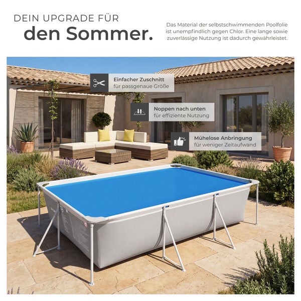Rechteckige Poolsolarabdeckplane auf einem Aufstellpool im Garten mit Hinweisen zu Zuschnitt, Anwendung der Noppen und einfacher Anbringung.