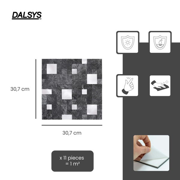 Dalsys Logo, selbstklebende Mosaikfliesen in Steinoptik, 30,7 mal 30,7 Zentimeter, 11 Stück für 1 Quadratmeter, UV-beständig und wasserfest.