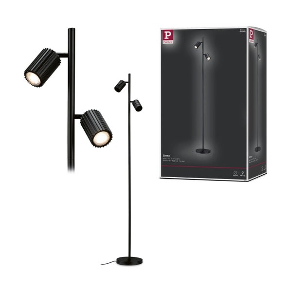 Stehleuchte mit drei Strahlern und Produktverpackung