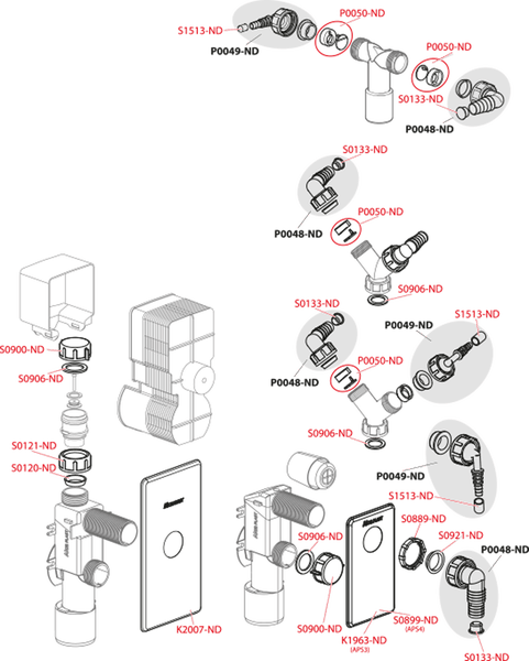 Explosionszeichnung von Sanitär-Ersatzteilen mit verschiedenen Anschlüssen, Dichtungen und Ventilen, beschriftet mit alphanumerischen Codes.
