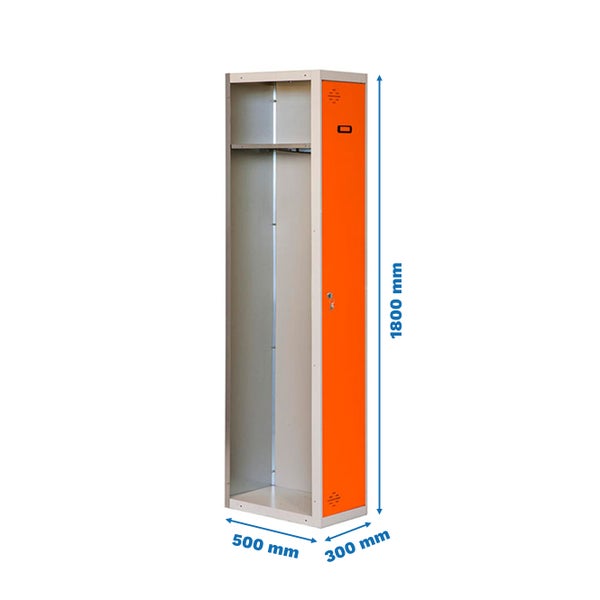 Metallgarderobenschrank mit den Maßen 1800 mm Höhe, 500 mm Breite und 300 mm Tiefe