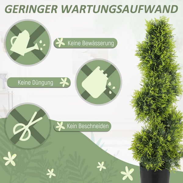 Künstliche Zypresse im Topf mit Symbolen für geringen Wartungsaufwand: kein Bewässern, kein Düngen und kein Beschneiden