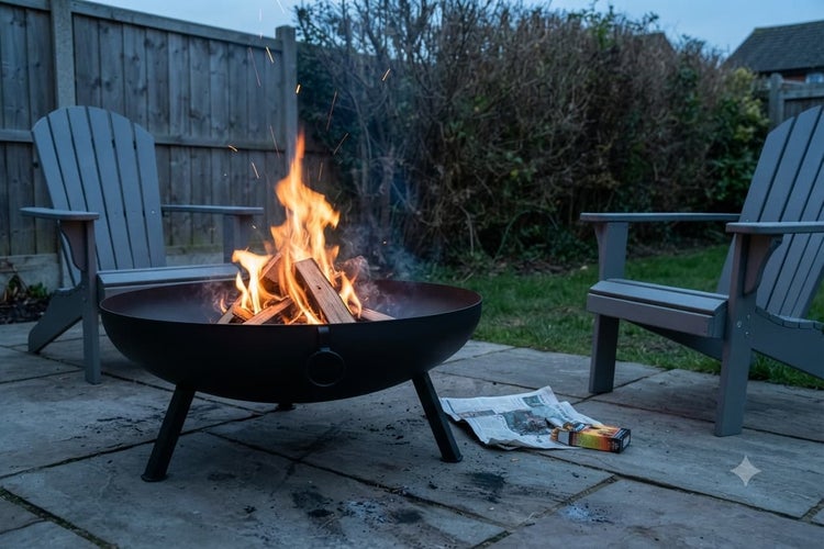 Eine Feuerschale aus Metall mit brennendem Holzfeuer steht auf einer Terrasse zwischen zwei Gartenstühlen im Freien.