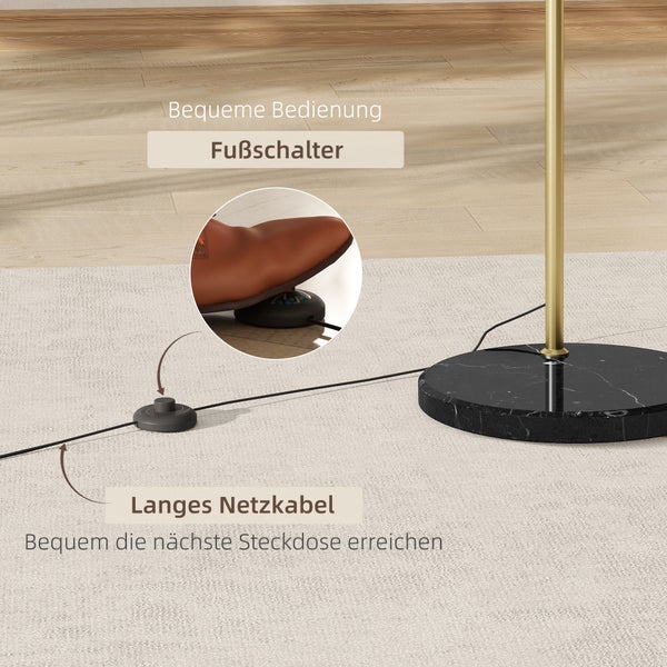 Detailansicht der Stehleuchte mit Fußschalter am langen Netzkabel und rundem Fuß in Marmor-Optik.