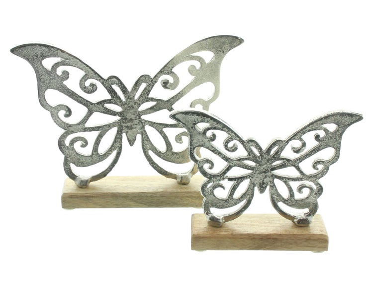 FRANK FLECHTWAREN | Schmetterling Silber, 2er Set, ALUMINIUM, HOLZ, 15 x 3,5 x 13 cm, 20 x 3,5 x 16 cm