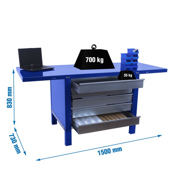 Werkbank BUFFALO METAL mit 5x Schublade | HxBxT 83x150x73cm | Traglast 700kg | Blau