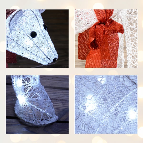 Vier Detailansichten einer beleuchteten Weihnachtsfigur aus weißem Geflecht mit roter Schleife und integrierten LED Lampen.