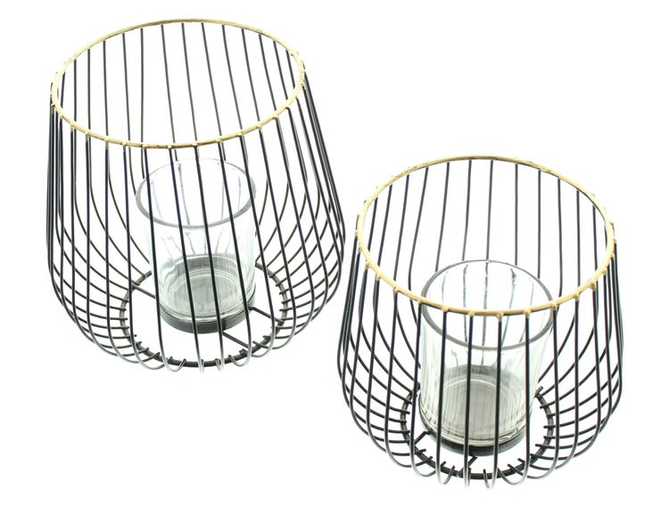 FRANK FLECHTWAREN | Windlicht Modern, 2er Set, Ø 11 x 11 cm, Ø 13 x 13 cm, Glas Ø 4 x 6 cm, ohne Kerzen, METALL