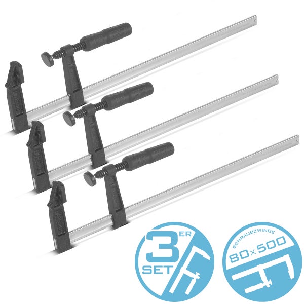 Dreiteiliges Set Schraubzwingen mit einer Größe von 80 mal 500 Millimetern, bestehend aus Stahlschiene und Kunststoffgriff.