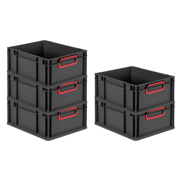 PROREGAL SparSet 5x Eurobox NextGen Color, HxBxT 17x30x40cm, 16 Liter, Griffe rot geschlossen, Schwarz, Eurobehälter, Transportbox, Transportbehälter, Stapelbehälter