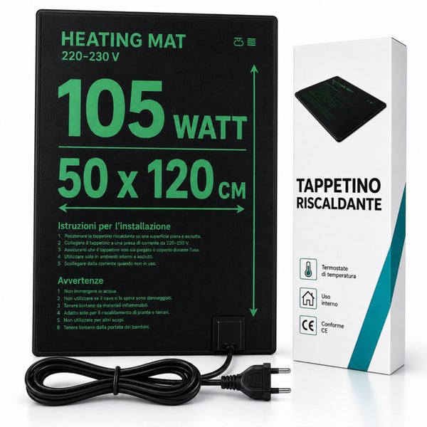 Elektrische Heizmatte 50 mal 120 Zentimeter mit 105 Watt Leistung und Anschlusskabel für Innenbereiche mit Gebrauchsanweisung und Verpackung.