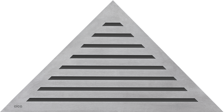 Dreieckiger Duschablaufrost aus Edelstahl der Marke Alca mit horizontalen Schlitzen.