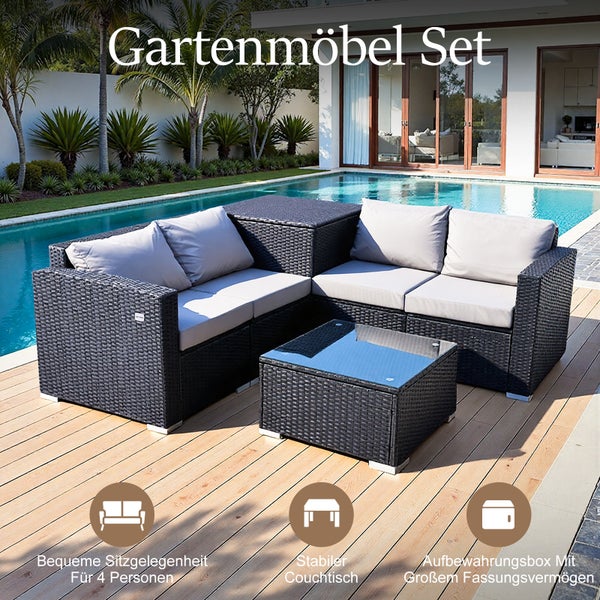 Gartenmöbel Set mit Sofa, Tisch und Stauraumbox neben einem Pool