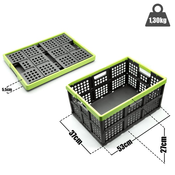 Faltbare Kunststoffbox mit Tragegriffen, Maße 53 mal 37 mal 27 Zentimeter, zusammengeklappt 5,5 Zentimeter hoch, Gewicht 1,30 Kilogramm.