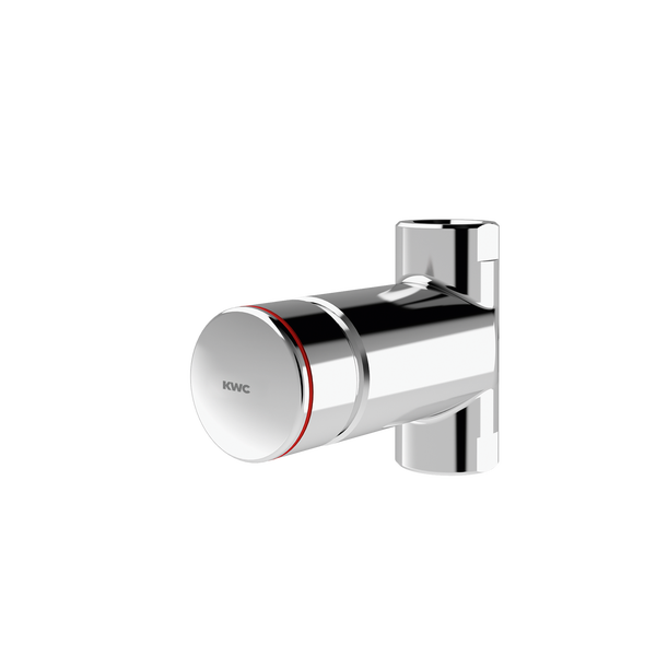KWC Absperrventil aus verchromtem Metall mit zylindrischem Griff und rotem Markierungsring.