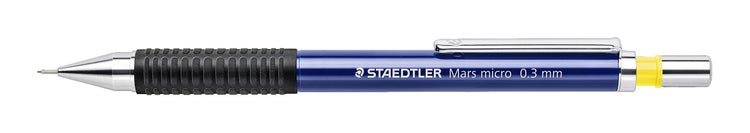 Blauer Staedtler Feinminenstift Mars micro mit 0,3 Millimeter Minenstärke, gummierter Griffzone und Metallclip.