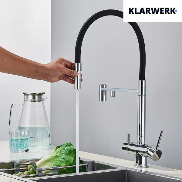 Lana | 3 Wege Chrom glänzend ausziehbare Armatur|Edelstahl Trinkwasser Osmose Wasserhahn Küche |Mischbatterie - 360 Grad drehbar | Filter 3 Anschlüsse