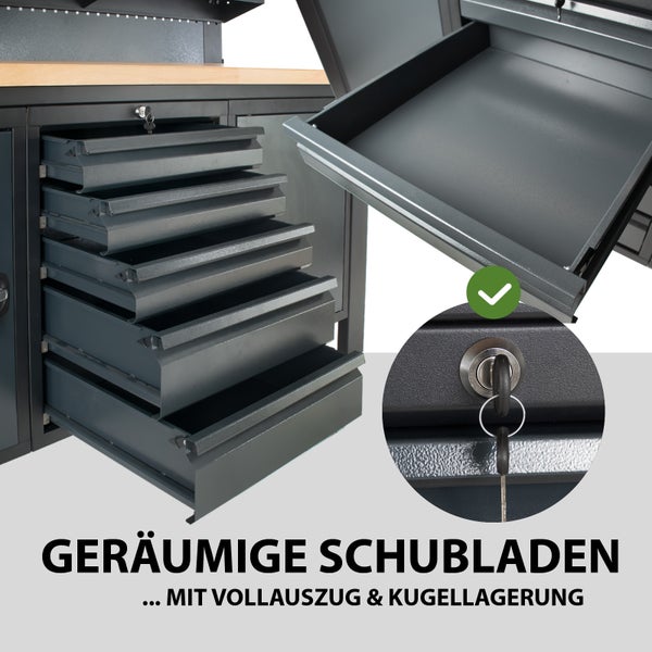 Dunkelgraue Werkbank mit fünf geöffneten Schubladen mit Vollauszug und Kugellagerung sowie einem Zylinderschloss mit Schlüssel.