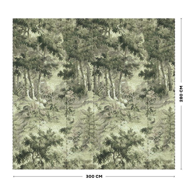 Grüne Fototapete mit Waldmotiv, Bäume und Pflanzen, Breite 300 Zentimeter und Höhe 280 Zentimeter.