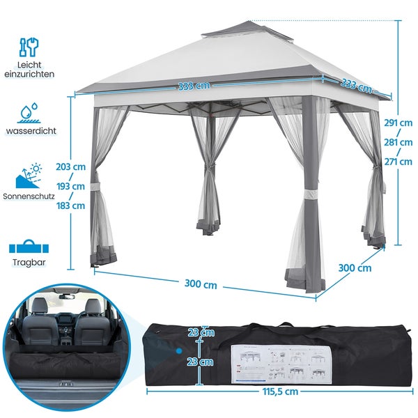 Abbildung eines Pavillons mit Maßen und Produkteigenschaften. Das Zelt ist leicht aufzubauen, wasserdicht, bietet Sonnenschutz und ist tragbar. Inklusive Tragetasche.