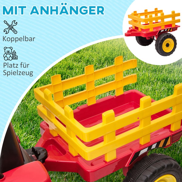 HOMCOM Elektrischer Traktor mit Anhänger, Fernbedienung, MP3 Funktion, Scheinwerfer, 3-6KM/H, für 3-6 Jahre Kinder, 136,5L x 50B x 52,5H cm, Kunststoff, Metall, Rot