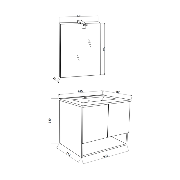 Skizze eines Waschtischunterschranks mit Spiegel und Beleuchtung, Maße dargestellt