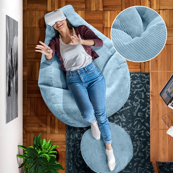 Green Bean Sitzsack mit Hocker aus Cord - Sitzsäcke für das Wohnzimmer, Schlafzimmer, Sitzsack-Sessel für Erwachsene Hellblau