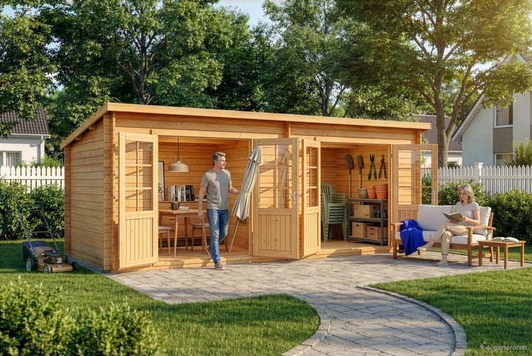 Geräumiges Gartenhaus aus Holz mit Pultdach, das als multifunktionaler Wohn- und Stauraum im Garten dient.