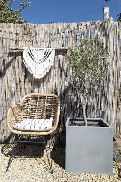 Outdoor Sitzbereich mit Rattansessel, gemustertem Kissen, grauem Pflanzkübel mit Olivenbaum und Makramee Wandbehang vor einer Sichtschutzmatte.