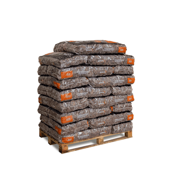Palette mit mehreren 60 Liter Säcken Pinienrinde von Galamio.