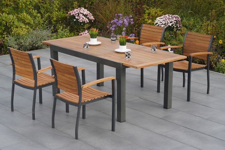 Santorin Gartenmöbelset 5tlg., 4 Stapelsessel, Ausziehtisch 150 (200) x 90 cm