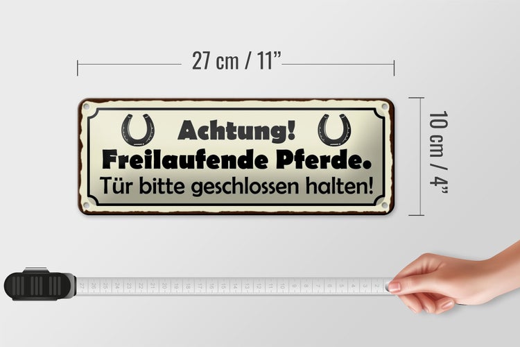 Blechschild Spruch 27x10cm Achtung freilaufende Pferde Tür Dekoration