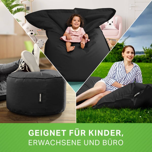 Green Bean 2er Set XXL Sitzsack inkl. Pouf fertig befüllt mit EPS-Perlen - Riesensitzsack 140x180 Lounge Sitz-Kissen Bean-Bag Chair  - Schwarz