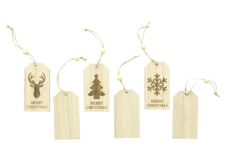 FRANK FLECHTWAREN | Hänger Merry Christmas, 6er Set, 4,5 x 9 cm, HOLZ, JUTE