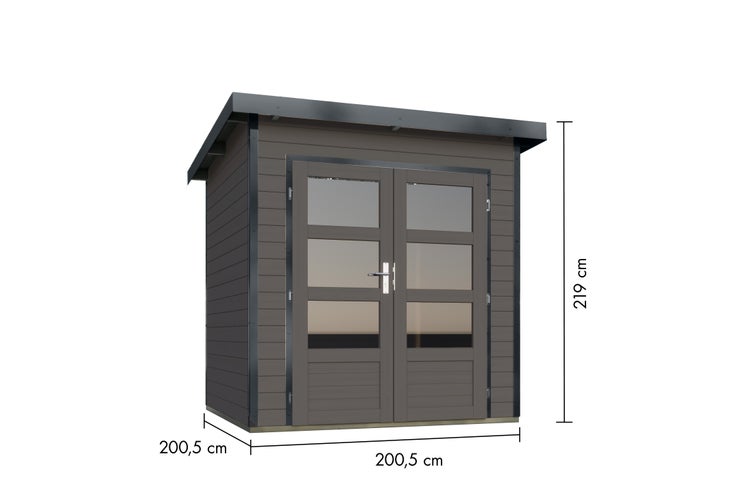 Modernes Gartenhaus aus Holz mit Doppelflügeltür inklusive Glaseinsätzen, Breite 200,5 Zentimeter, Tiefe 200,5 Zentimeter, Höhe 219 Zentimeter.